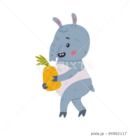 Cute Grey Tapir Animal with Proboscis Carrying Pineapple Fruit Vector Illustration 94902117