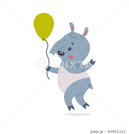 Cute Grey Tapir Animal with Proboscis Walking with Green Toy Balloon Vector Illustration Cute Grey Tapir Animal with Proboscis Walking with Green Toy Balloon Vector Illustration 94902121