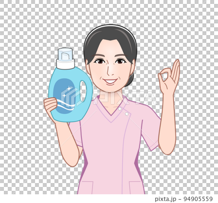 洗濯洗剤のボトルを持った若い主婦 洗濯洗剤のボトルを持った若い主婦 94905559