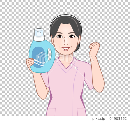 Young housewife with a bottle of laundry detergent Young housewife with a bottle of laundry detergent 94905562
