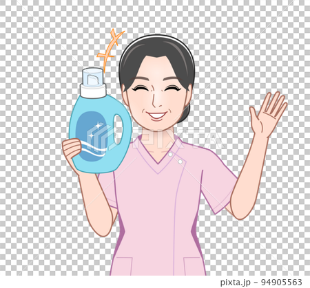 洗濯洗剤のボトルを持った若い主婦 洗濯洗剤のボトルを持った若い主婦 94905563