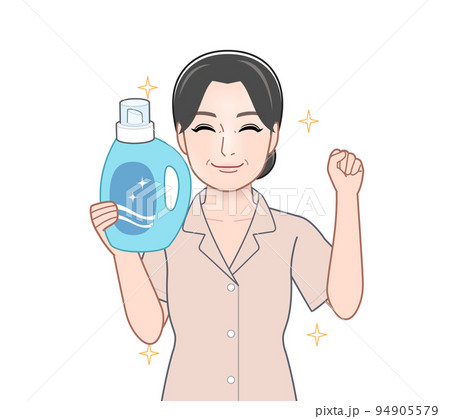 洗濯洗剤のボトルを持った若い主婦 洗濯洗剤のボトルを持った若い主婦 94905579