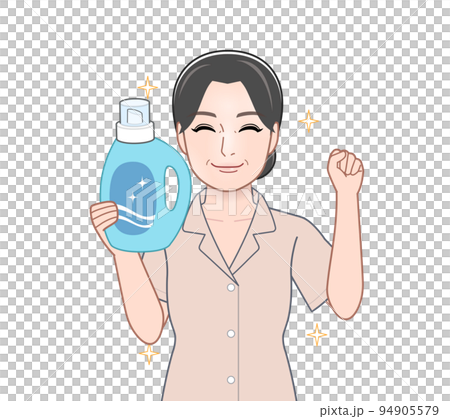 洗濯洗剤のボトルを持った若い主婦 洗濯洗剤のボトルを持った若い主婦 94905579