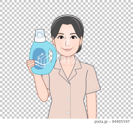 洗濯洗剤のボトルを持った若い主婦 洗濯洗剤のボトルを持った若い主婦 94905597