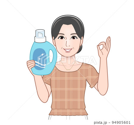 洗濯洗剤のボトルを持った若い主婦 洗濯洗剤のボトルを持った若い主婦 94905601