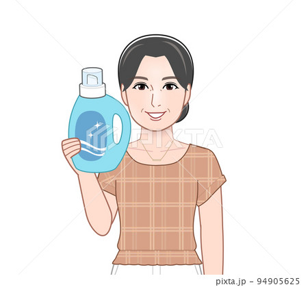 洗濯洗剤のボトルを持った若い主婦 洗濯洗剤のボトルを持った若い主婦 94905625