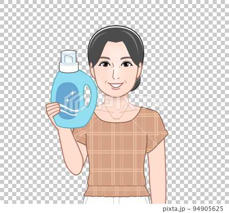 洗濯洗剤のボトルを持った若い主婦 洗濯洗剤のボトルを持った若い主婦 94905625