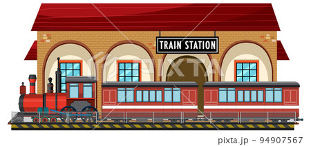 Train station scene with steam locomotive Train station scene with steam locomotive 94907567