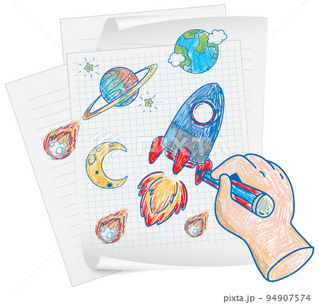 Coloured hand drawn spaceship collection 94907574