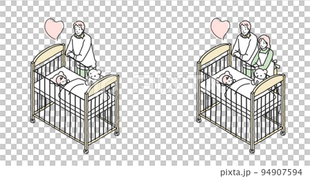 子どもの寝顔を見守る親 子どもの寝顔を見守る親 94907594