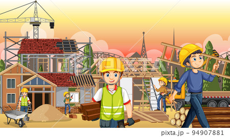 Building construction site with workers Building construction site with workers 94907881