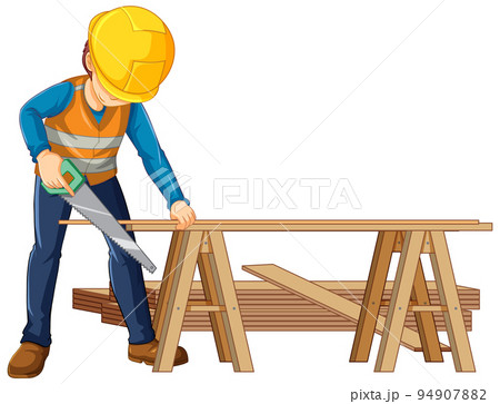 A construction worker cutting wood A construction worker cutting wood 94907882