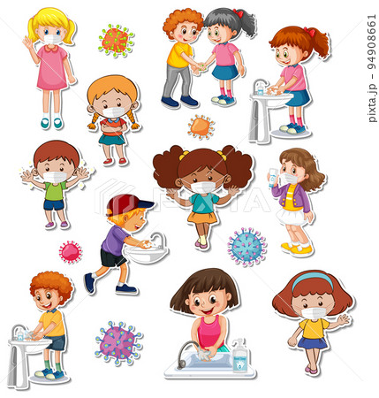 Sticker set of covid19 and cartoon characters 94908661