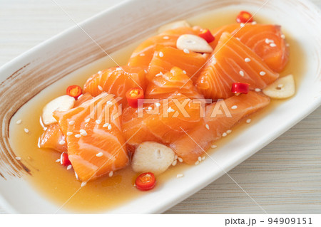 fresh salmon raw marinated shoyu or salmon pickled soy sauce fresh salmon raw marinated shoyu or salmon pickled soy sauce 94909151