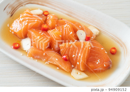 fresh salmon raw marinated shoyu or salmon pickled soy sauce 94909152