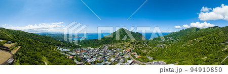 Drone fly over Jiufen village on the mountain in Taiwan 94910850