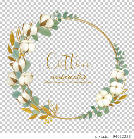 Gentle colored cotton flower and eucalyptus leaf white background frame illustration material 94912228