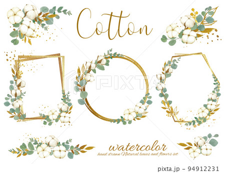 優しい色使いのコットンフラワーとユーカリの葉のオシャレな白バックフレームイラスト素材セット 94912231
