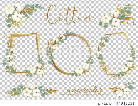 Fashionable white back frame illustration material set of gentle colored cotton flowers and eucalyptus leaves 94912231
