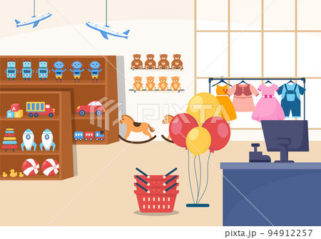 Kids Shop Building Template Hand Drawn Cartoon Flat Style Illustration with Children Equipment such as Clothes or Toys for Shopping Concept 94912257