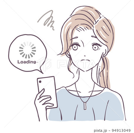 マホの読み込みが長くてイライラする人 インターネットの回線が遅くて待ちくたびれる女性 イラスト素材 マホの読み込みが長くてイライラする人 インターネットの回線が遅くて待ちくたびれる女性 イラスト素材 94913049