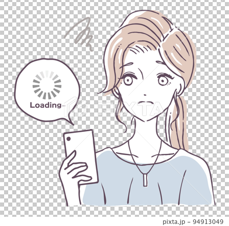 マホの読み込みが長くてイライラする人 インターネットの回線が遅くて待ちくたびれる女性 イラスト素材 マホの読み込みが長くてイライラする人 インターネットの回線が遅くて待ちくたびれる女性 イラスト素材 94913049