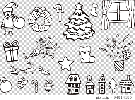 ペンで描かれたかわいいクリスマスイラストのセット（ベクター・白黒） 94914190