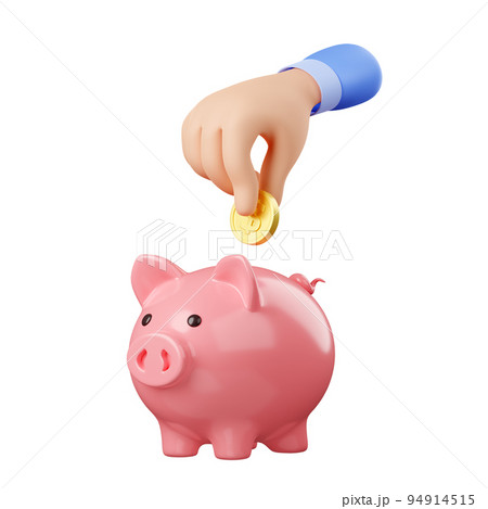 3d render hand put golden coin into piggy bank 94914515