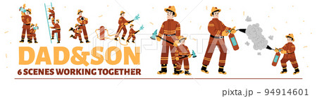 Dad and son fire fighters working together set Dad and son fire fighters working together set 94914601