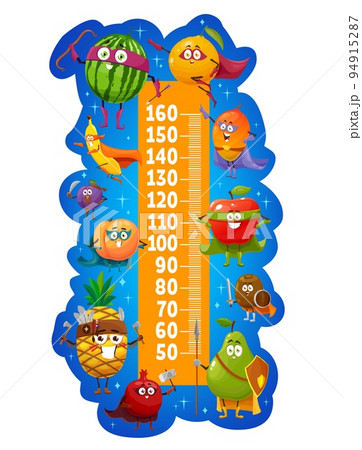 Kids height chart cartoon fruits superhero characters, growth meter. Vector wall sticker with watermelon, orange, mango, apple and plum, pear, garnet and pineapple, apricot or kiwi, banana characters Kids height chart cartoon fruits superhero characters, growth meter. Vector wall sticker with watermelon, orange, mango, apple and plum, pear, garnet and pineapple, apricot or kiwi, banana characters 94915287