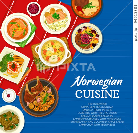 Norwegian cuisine restaurant menu cover with vector dishes of meat, fish, vegetable and fruit food. Salmon soup, chowder and trout tartare, grape leaf rolls dolma, lamb chops and ribs with wine sauce 94915381