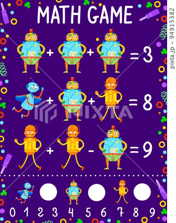 Math game worksheet. Cartoon robot and droid characters, vector counting puzzle of kids education activity. Addition and subtraction exercises with cute robot personages, screwdrivers and bolts frame 94915382