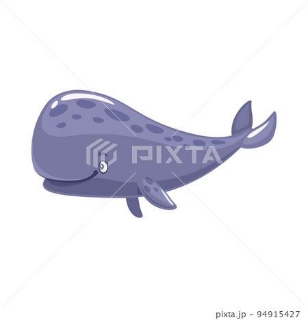 Cartoon cachalot or sperm whale character, cute sea water animal or happy ocean fish vector personage. Marine underwater mammal, funny toothed whale character with blue spotted skin, tail and fin 94915427