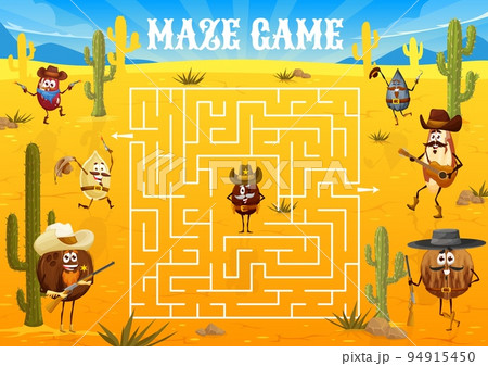 Wild west labyrinth maze quiz. Cartoon cowboy, bandit and ranger nut characters at the desert. Child maze worksheet with coffee bean, sunflower seed walnut and coconut cowboy personages 94915450