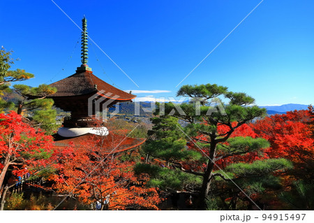 【京都府】晴天の常寂光寺　多宝塔と紅葉 94915497