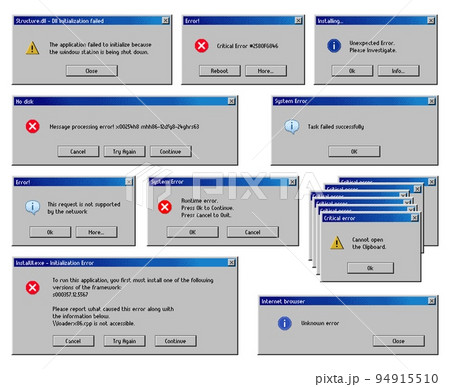 Error message windows, computer system warning, vector, PC alert popup screen interface. Critical error message windows of runtime notification with continue, quit and reboot option for unknown error 94915510