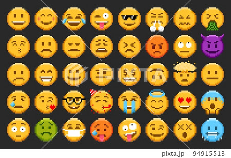 Pixel emoji, emoticon smiles and 8 bit face icons, vector happy, sad and angry set. Pixel emoji or cute smiles with laugh or love emotions, message chat emoticons and expression smiles, pixel stickers 94915513