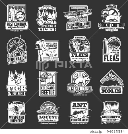 Pest control extermination, disinsection and disinfection service vector icons. Pest control disinfestation and deratization, domestic and agriculture exterminate from ticks, locust and cockroach 94915534