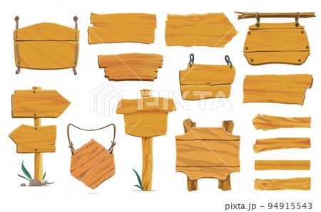 Cartoon wooden signs, vector wood planks, boards, banners and signboards on posts with old wooden texture. Hanging signs and signposts with ropes, nails and chains, rocks and green grass, game assets 94915543