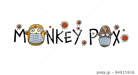 Monkeypox 2022 virus - disease transmitted by monkey. Concept art banner for your design. Monkeys with mask on face. Vector illustration 94915916