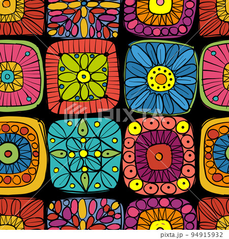 Granny square crochet. Seamless pattern background. Knitted wear. Folk art motif with flowers. Vector illustration 94915932