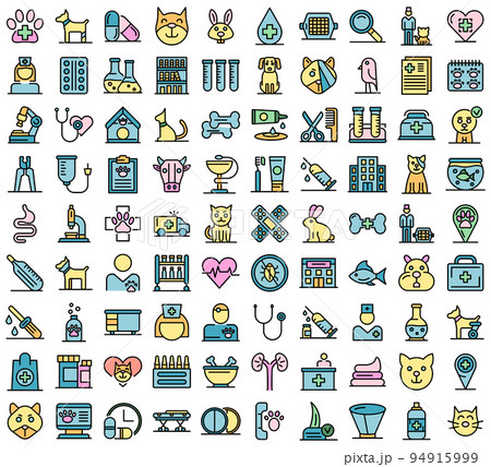 Veterinarian icons set. Outline set of veterinarian vector icons thin line color flat on white Veterinarian icons set. Outline set of veterinarian vector icons thin line color flat on white 94915999