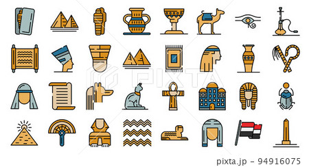 Egypt icons set. Outline set of Egypt vector icons thin line color flat on white 94916075