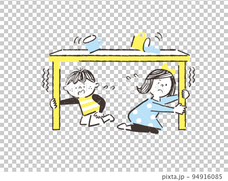 地震の際に机の下に避難するイラスト 94916085
