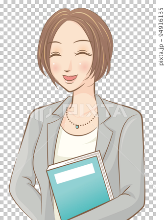 A woman in a suit holding a book and smiling A woman in a suit holding a book and smiling 94916135