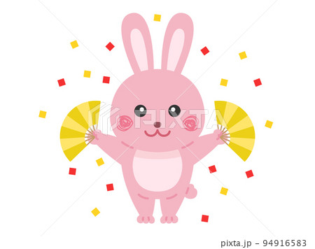 紙吹雪が舞う、金色の扇子を持った、ウサギのキャラクターのイラスト 紙吹雪が舞う、金色の扇子を持った、ウサギのキャラクターのイラスト 94916583