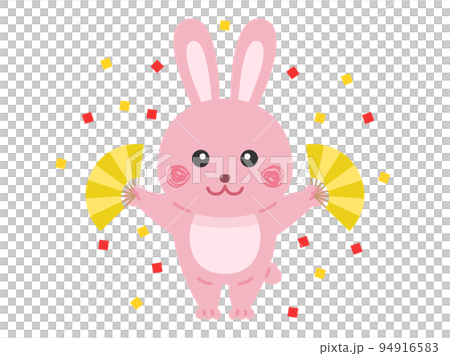 兔子角色拿著金扇和五彩紙屑的插圖 兔子角色拿著金扇和五彩紙屑的插圖 94916583