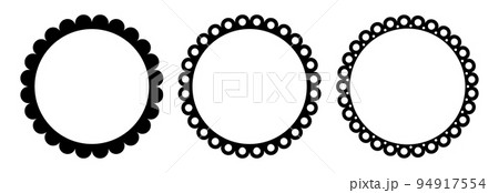 Scalloped edge round strokes set. Simple circle scalloped border. Fabric laces silhouette frame. Repeat cute vintage frill ornament. Texture ribbons. Vector illustration isolated on white background 94917554