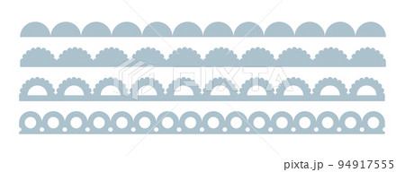 Scalloped edge seamless brush strokes set. Simple scalloped border. Fabric laces silhouette. Repeat cute vintage frill ornament. Texture ribbons. Vector illustration isolated on white background 94917555