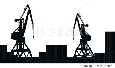 Silhouette commercial cargo port with cranes and containers isolated on white background. 94917767